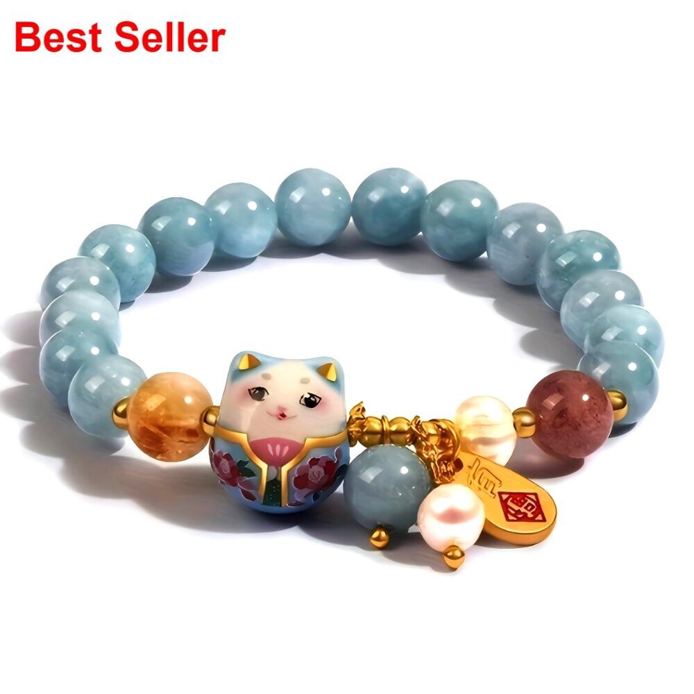 Lucky Cat Bracelet with Ceramic Pendant, Blue Crystal Beads, Feng Shui Jewelry